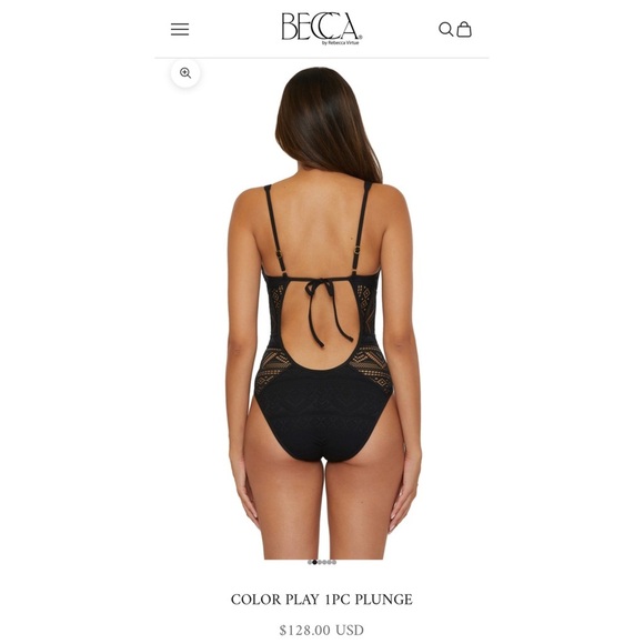 BECCA Color Play Crochet Plunge One Piece Swimsuit w/ Tie Back — MEDIUM — Black - Picture 4 of 15